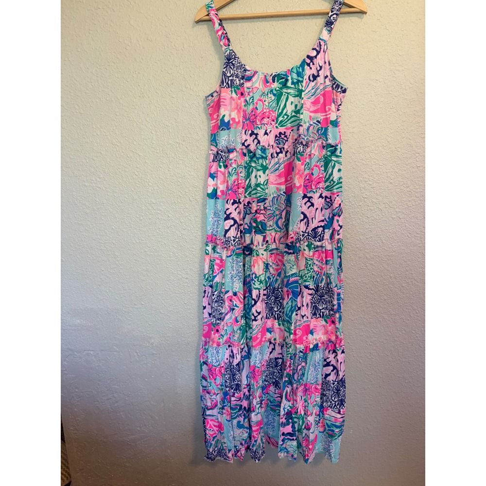 Lilly Pulitzer Womens Tiered Maxi Dress Patchwork Floral Pink Blue Green M
